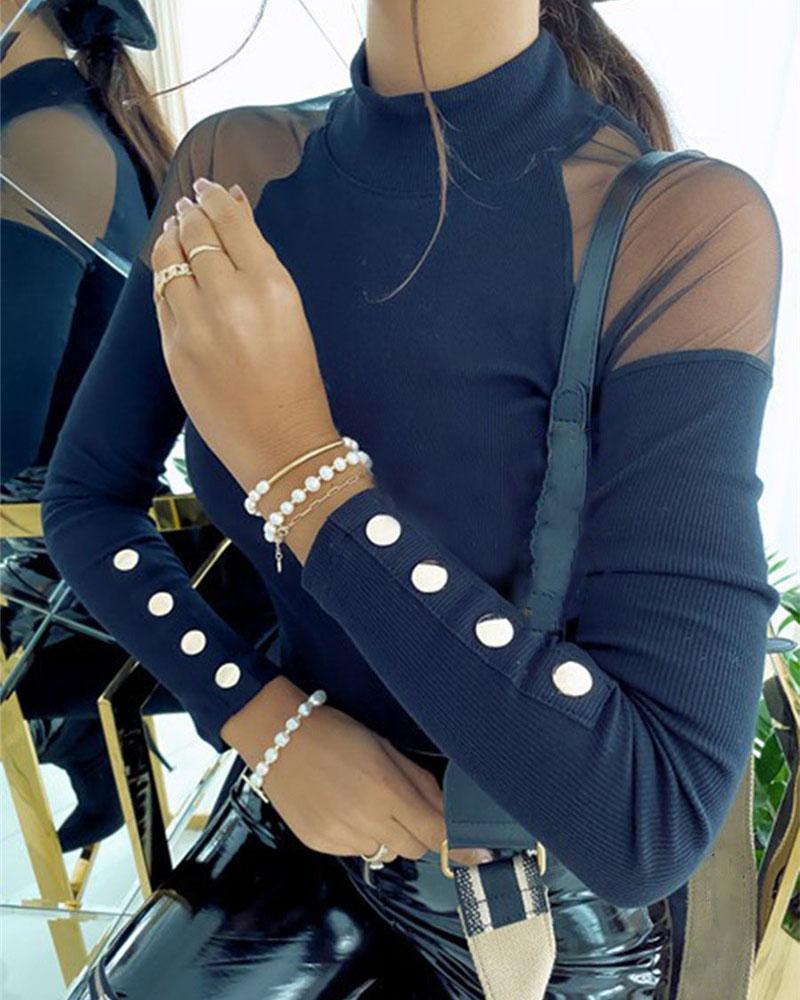 Mock Neck Mesh Insert Button Trim Sweater-Pinkami