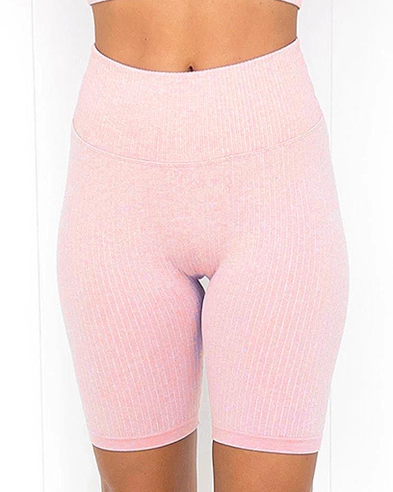 Rib-knit Wide Waistband Butt Lifting Sports Shorts-Pinkami