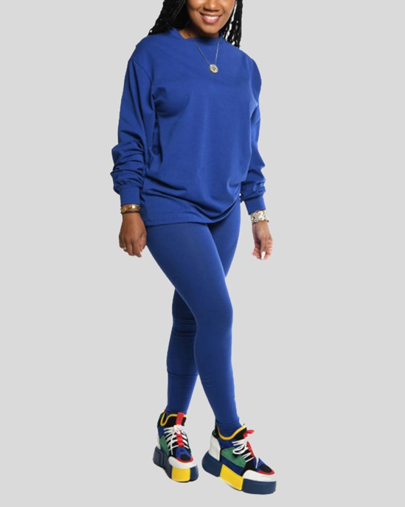 Solid Round Neck Tee & Pants Set-Pinkami