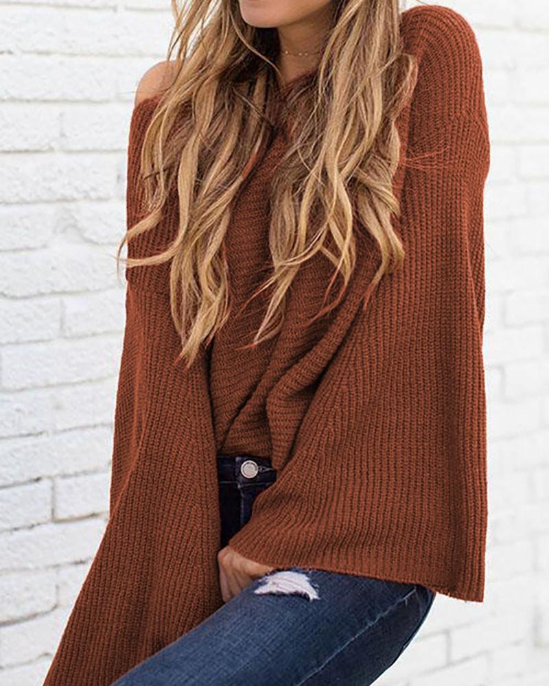 Solid Bell Sleeve Scoop Neck Sweater-Pinkami