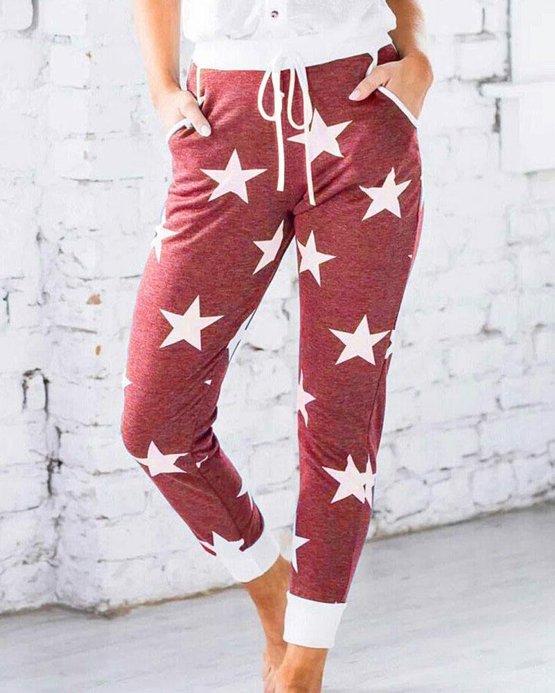 Star Print Drawstring Waist Pocket Side Sports Pants For Women-Pinkami