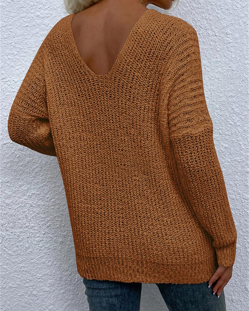 Solid Chunky Knit V Neck Sweater-Pinkami
