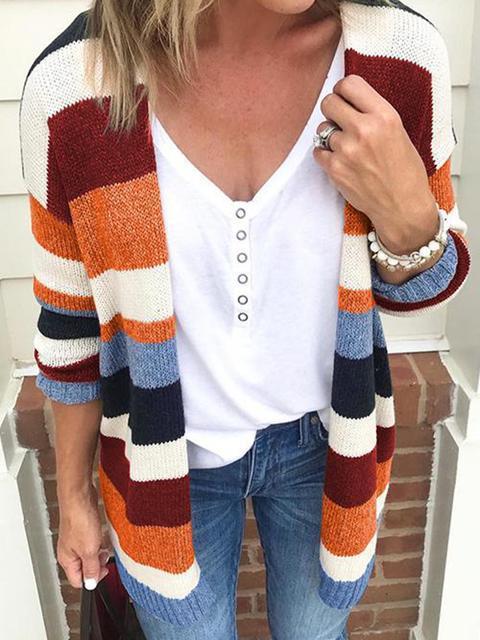 Stripe Splicing Knitted Sweater Cardigan-Pinkami