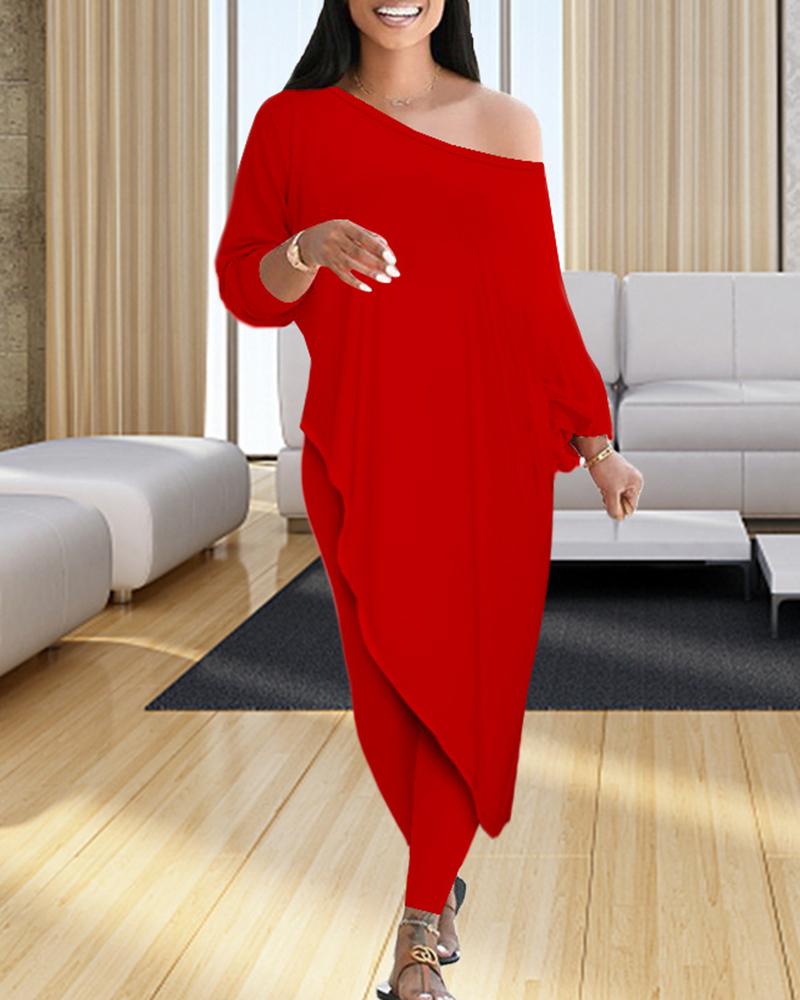 Solid Boat Neck Asymmetrical Long Sleeve Top & Pants Set-Pinkami