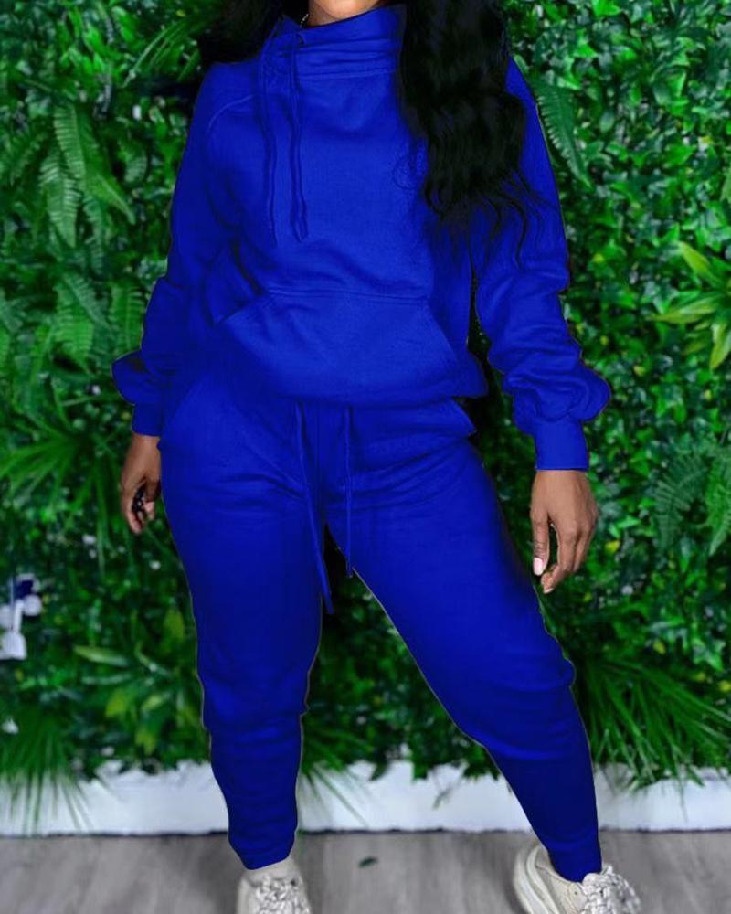 Solid Drawstring Detail Hoodie & Pants Set-Pinkami