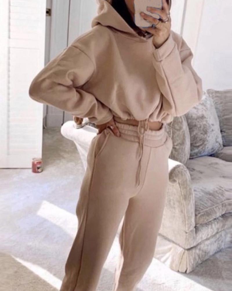 Solid Drawstring Elastic Hem Hooded Top & Pants Set-Pinkami
