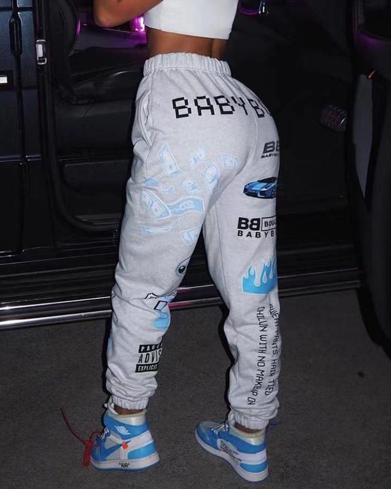 Letter & Graphic Print Dual Pocket Sports Pants For Women-Pinkami