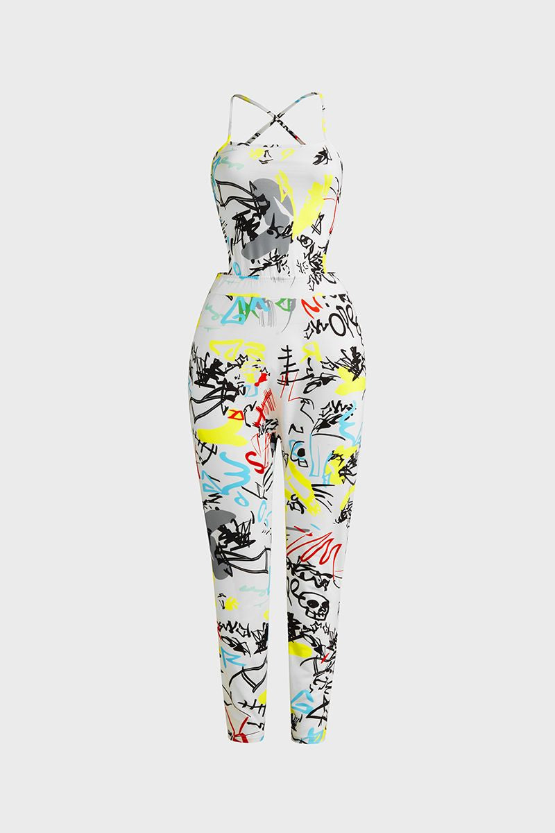 Graffiti Print Criss Cross Backless Cami Jumpsuit