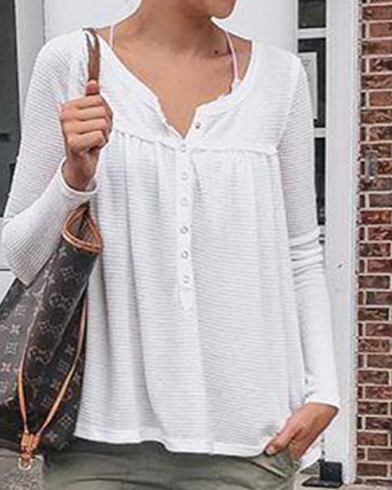 Solid V Button Neck Knit Blouse-Pinkami