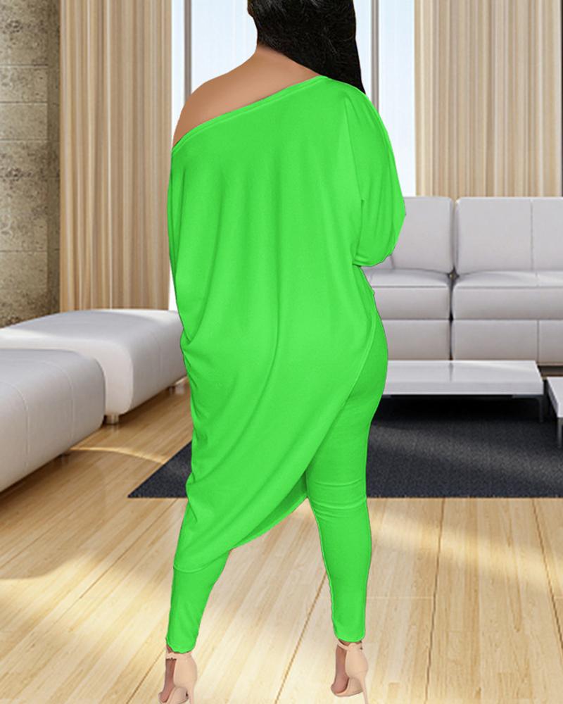 Solid Boat Neck Asymmetrical Long Sleeve Top & Pants Set-Pinkami