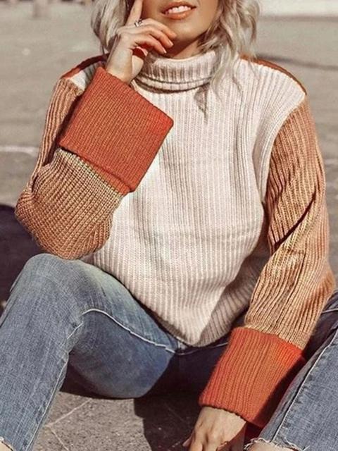 Color Block Loose Funnel Neck Sweater-Pinkami