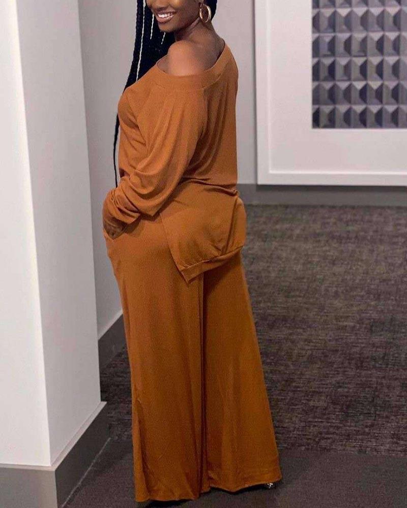 Solid Split Hem Boat Neck Top & Pants Set-Pinkami