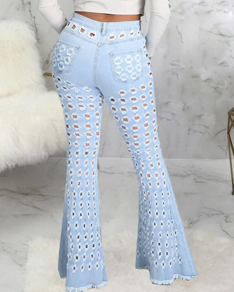 Women Hollow Out Raw Hem Flare Leg Jeans-Pinkami