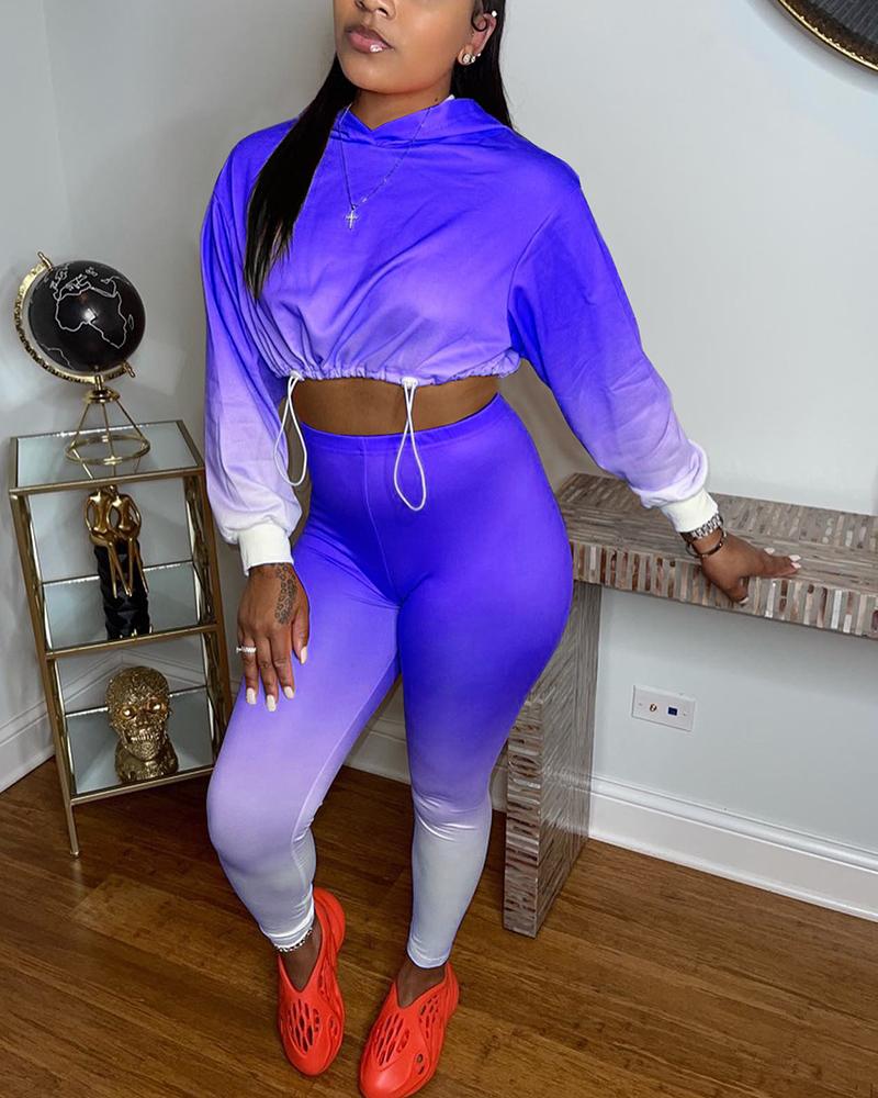 Ombre Drawstring Detail Hoodie & Pants Set-Pinkami