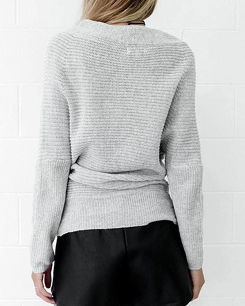 Solid Chunky Knit Ruched Surplice Neck Sweater-Pinkami
