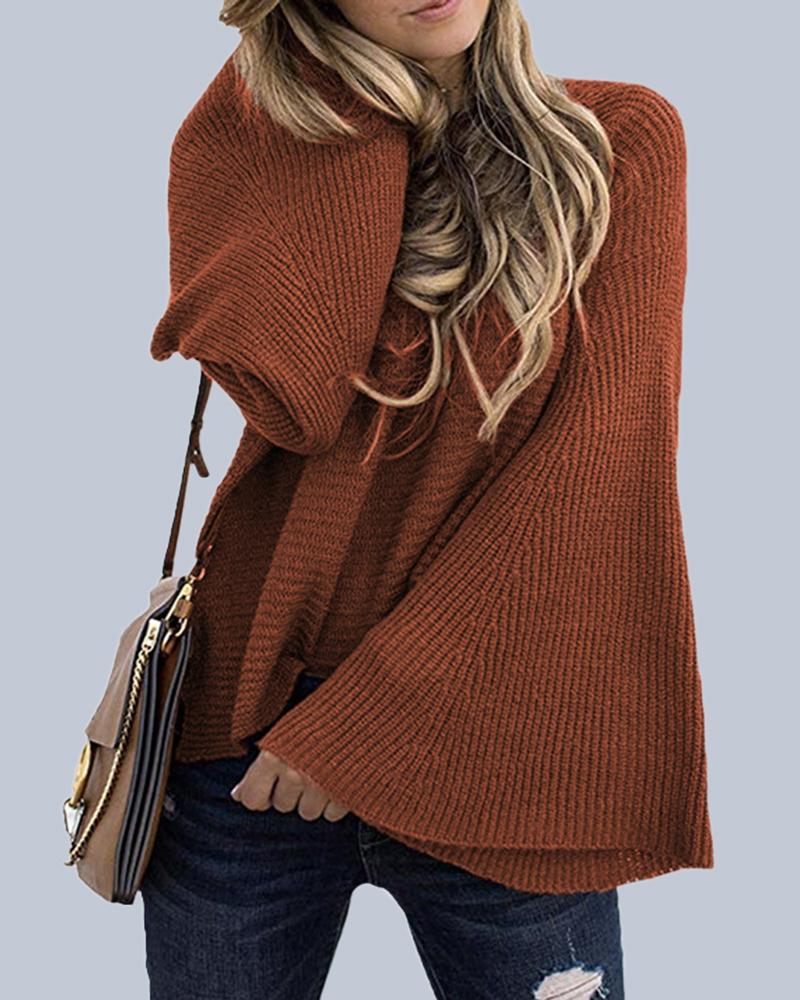 Solid Bell Sleeve Scoop Neck Sweater-Pinkami