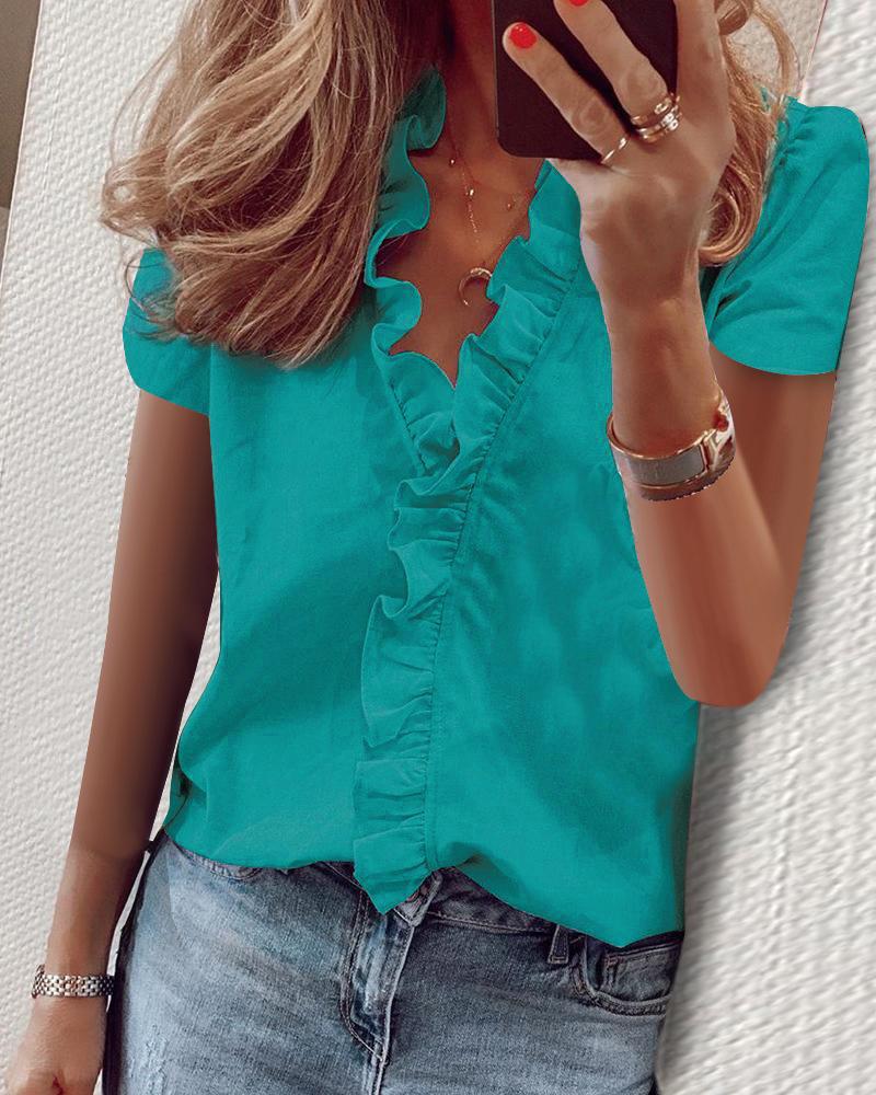 Solid Short Sleeve Ruffles Blouse-Pinkami