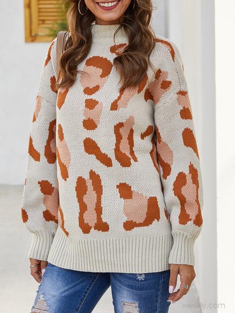 Leopard Pattern Long Sleeve Pullover Sweater-Pinkami