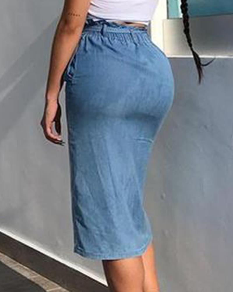 Women Button Fly Belted Pocket Detail Split Hem Paper Bag Waist Skirt-Pinkami