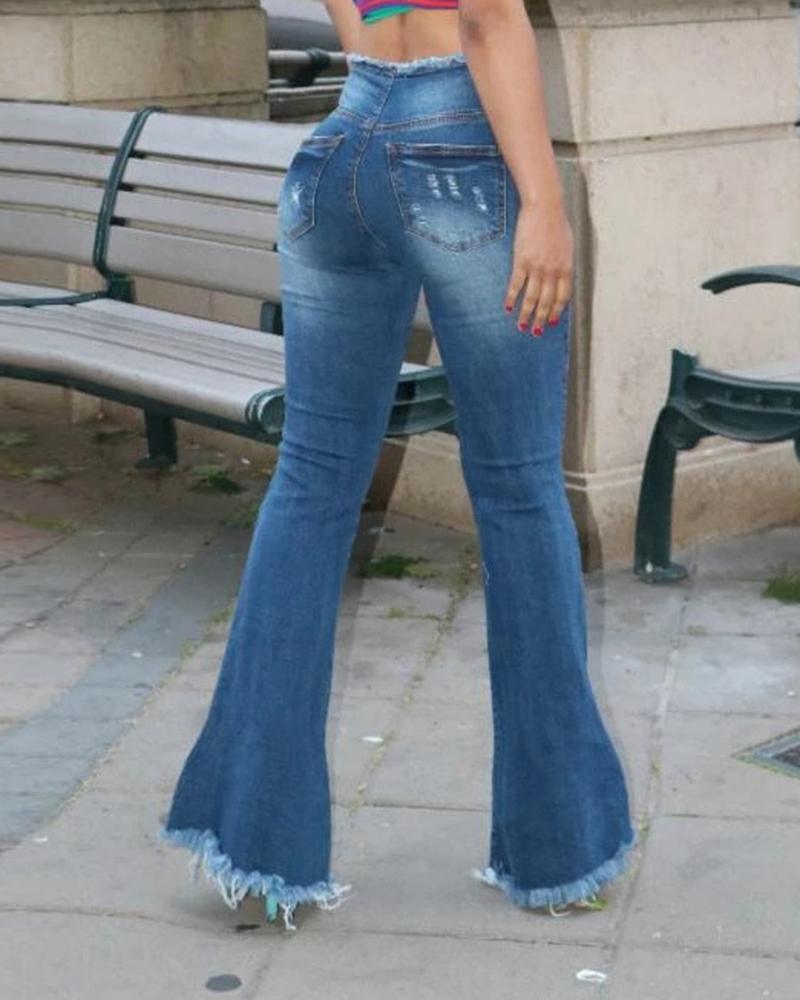 Women Ripped Button Front Zip Up Fringe Hem Flare Jeans-Pinkami