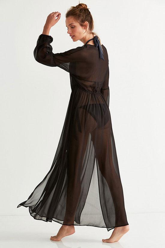 Bishop Sleeve Split Thigh Sheer Chiffon Maxi Cover Up Dress-Pinkami