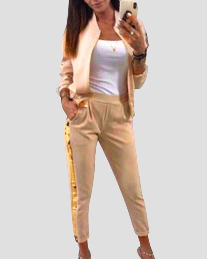 Sequins Decor Tape Zip Up Front Top & Cropped Pants Set-Pinkami