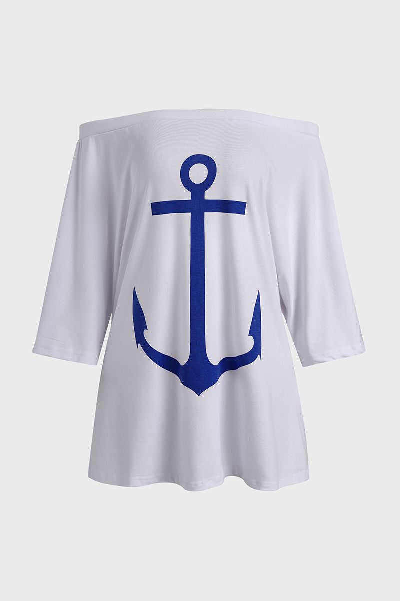 Anchor Print Half Sleeve Off Shoulder T-Shirt-Pinkami
