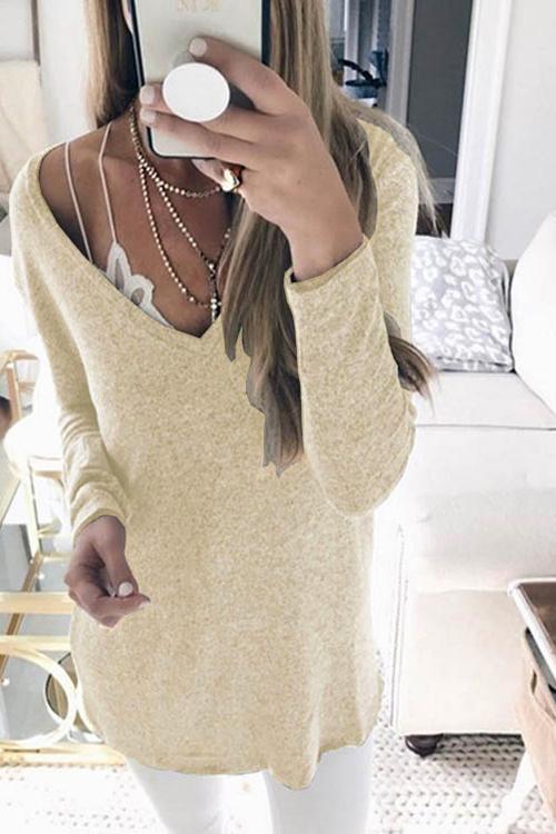 Casual long sleeve V-neck sweater-Pinkami