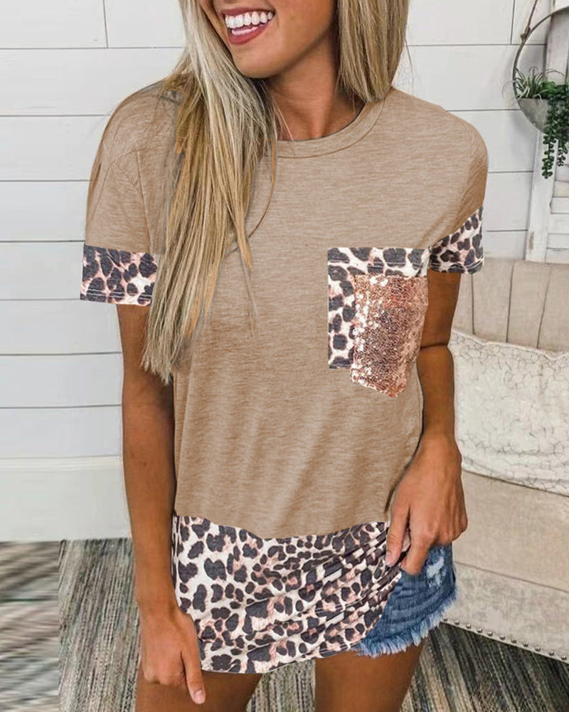 Contrast Leopard Sequin Patched Pocket T-Shirt-Pinkami