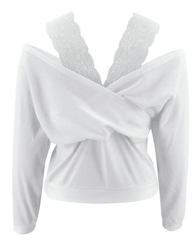 Contrast Lace Cold Shoulder Overlap Rib Knit Sweater-Pinkami