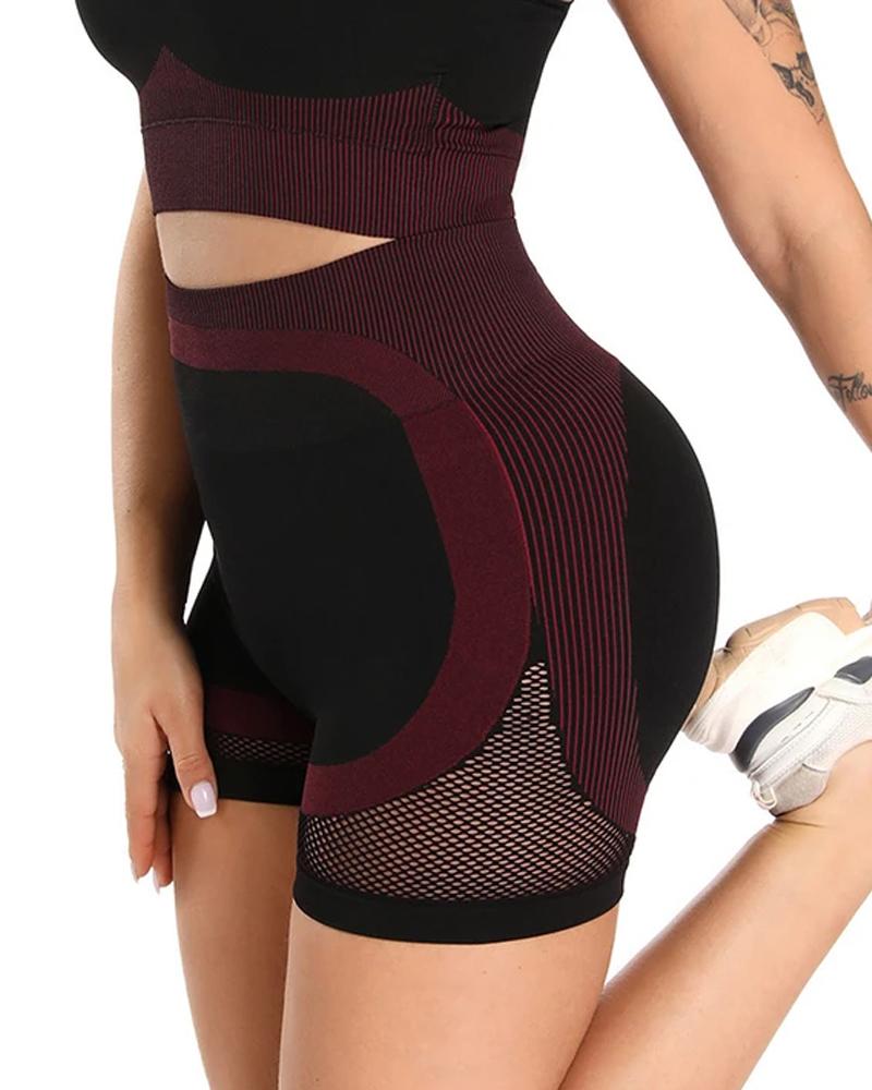 Mesh Panel Colorblock Wide Waistband Sports Shorts-Pinkami