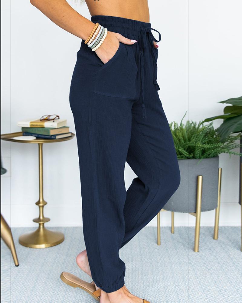 Solid Slant Pocket Drawstring Waist Joggers For Women-Pinkami