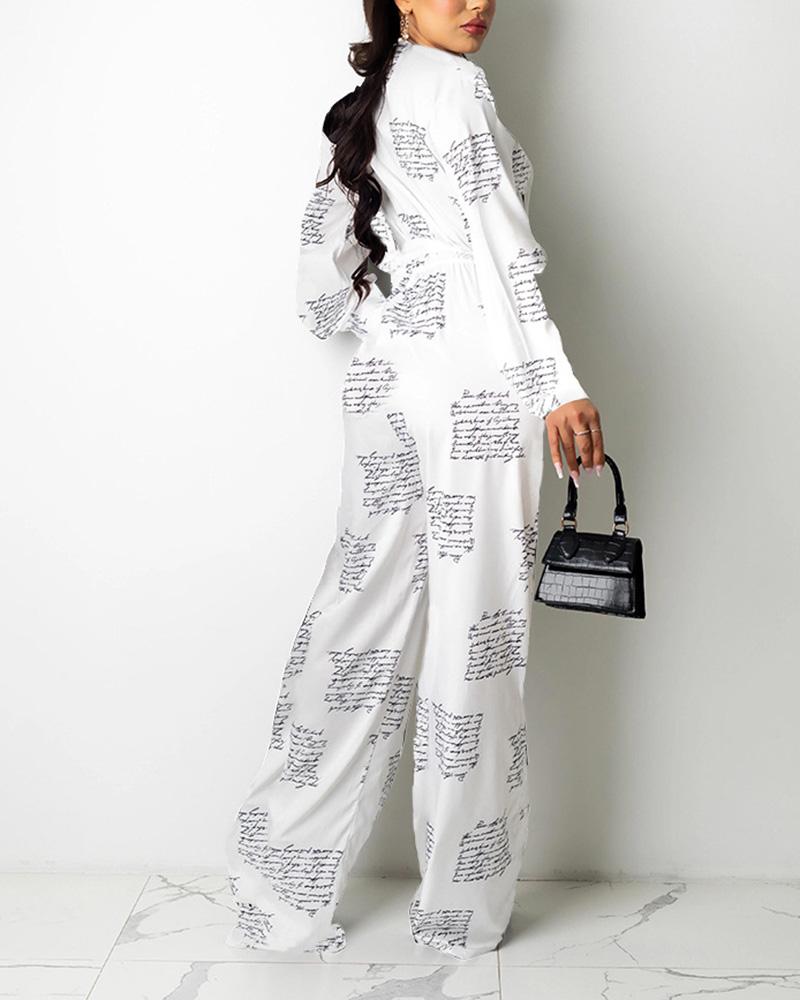 Allover Print Belted Button Up Shirt & Wide Leg Pants-Pinkami