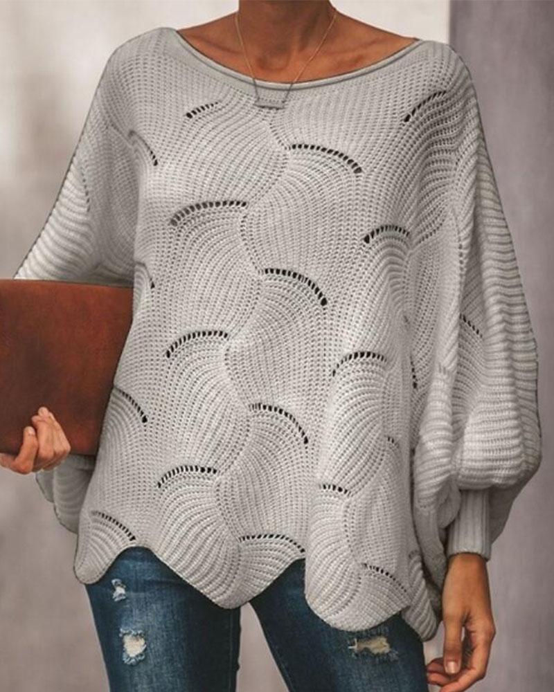 Solid Hollow Out Asymmetrical Hem Boat Neck Sweater-Pinkami