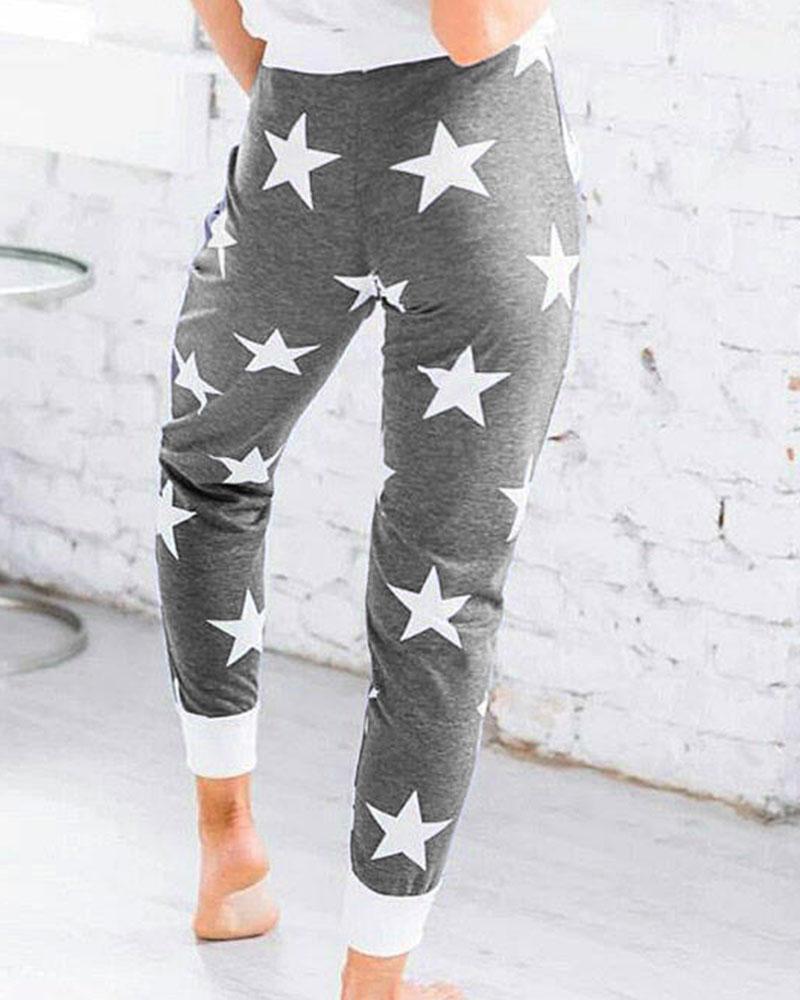 Star Print Drawstring Waist Pocket Side Sports Pants For Women-Pinkami