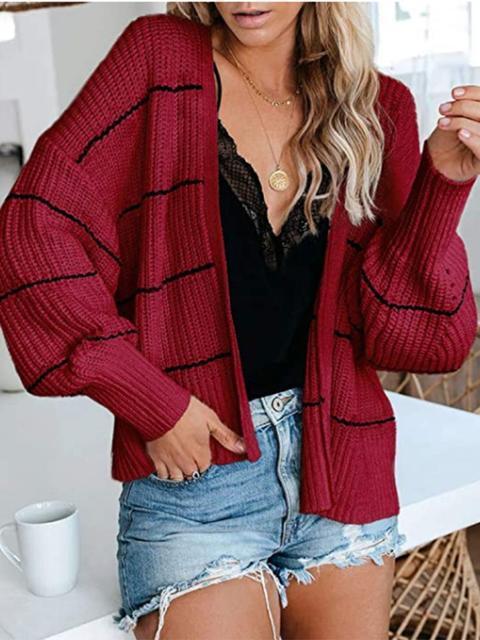 Striped Long Sleeve Loose Sweater Cardigan-Pinkami