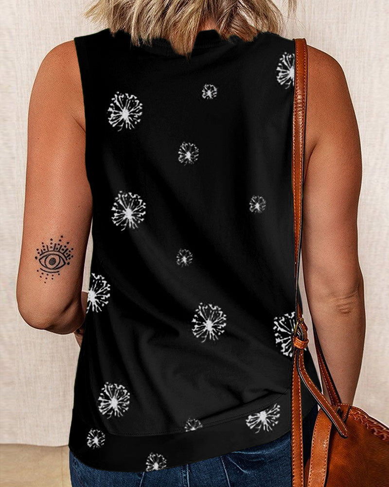 Dandelion Print Split Side Tank Top-Pinkami
