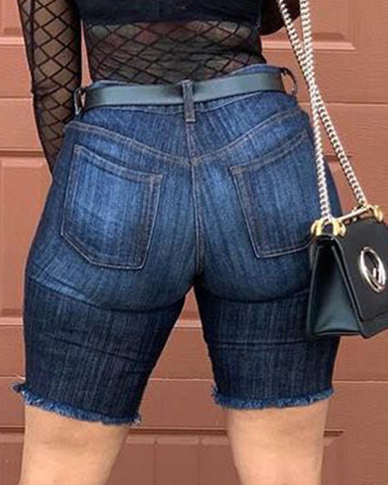 Women Ladder Distressed Frayed Hem High Waist Denim Shorts Without Belt-Pinkami