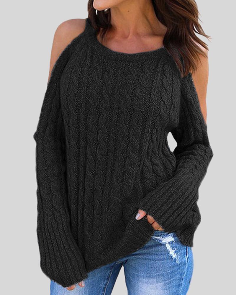 Cable Knit Cold Shoulder Sweater-Pinkami