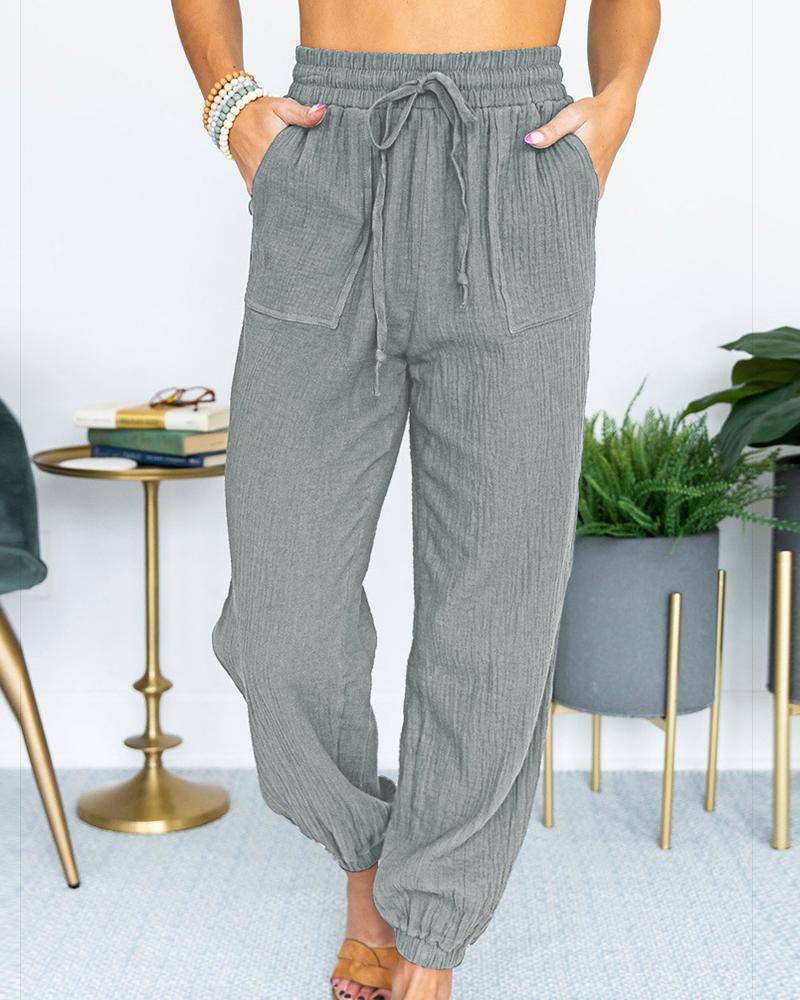 Solid Slant Pocket Drawstring Waist Joggers For Women-Pinkami