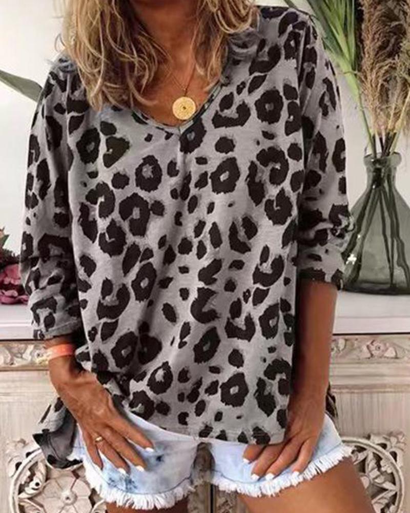 V Neck Leopard Print Loose Top-Pinkami