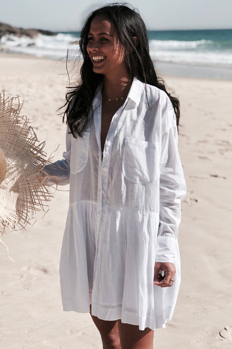 Long Sleeve Patch Pocket Button Down Cover Up Blouse-Pinkami