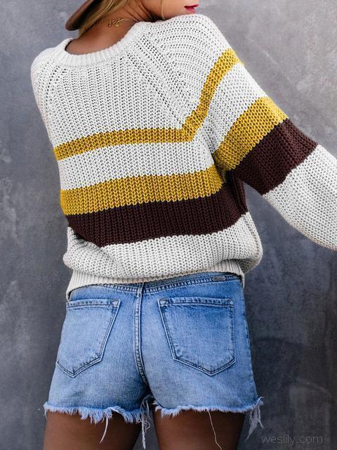 Striped Round Neck Pullover Sweater-Pinkami