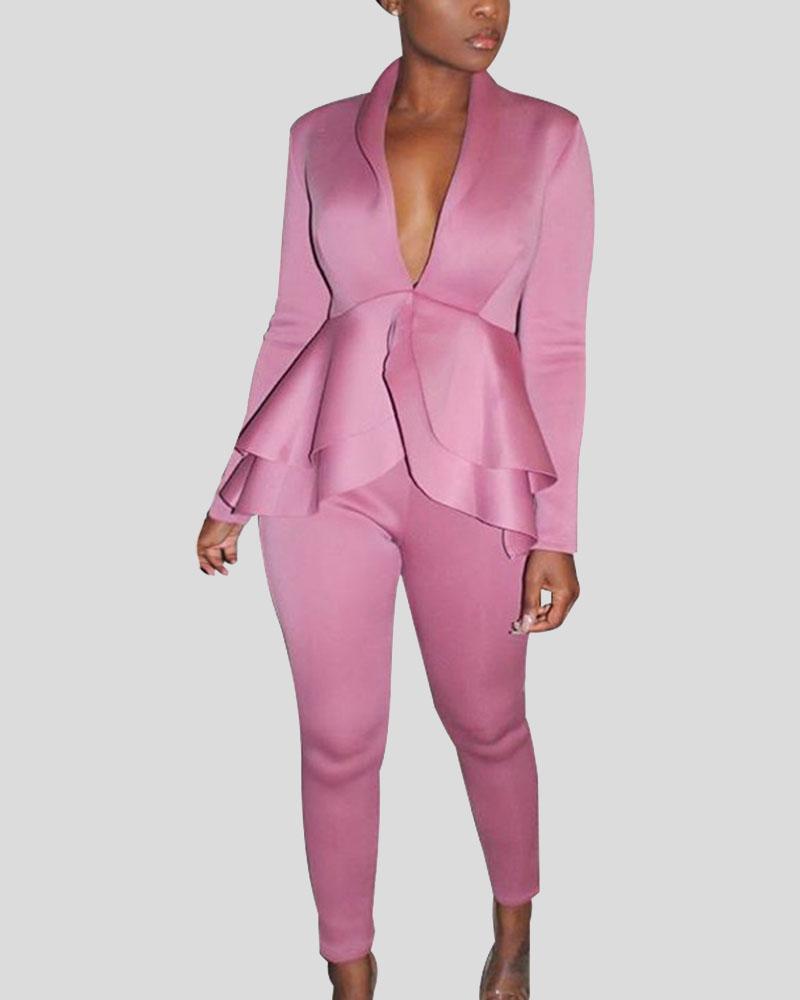 Solid Tiered Layer Ruffle Hem Blazer & Pants Set-Pinkami