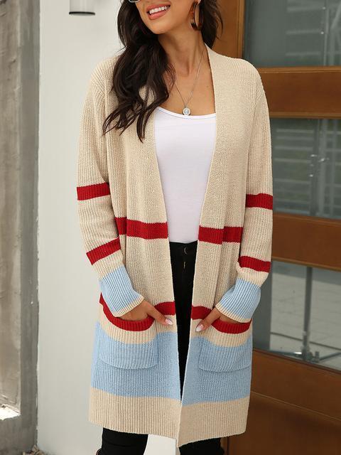 Stripe Stitching Contrast Sweater Cardigan-Pinkami