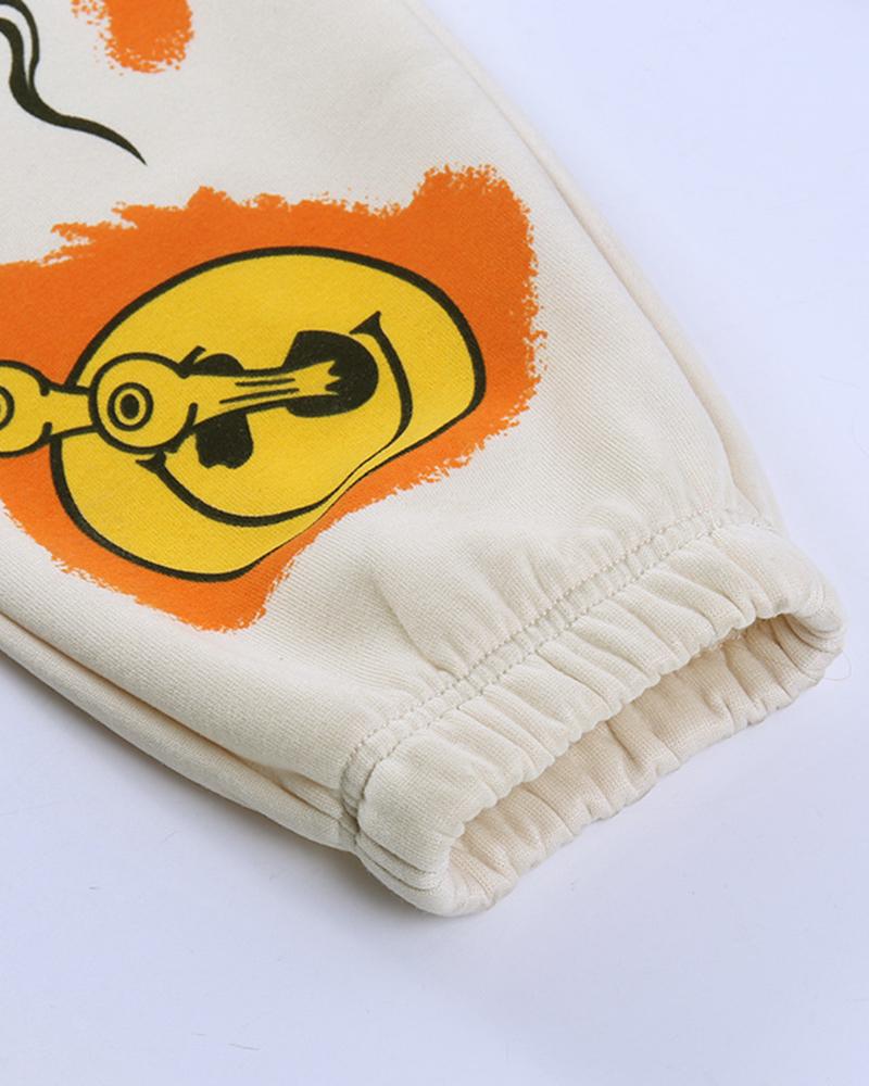 Cartoon Print Drawstring Front Pocket Detail Sports Pants For Women-Pinkami