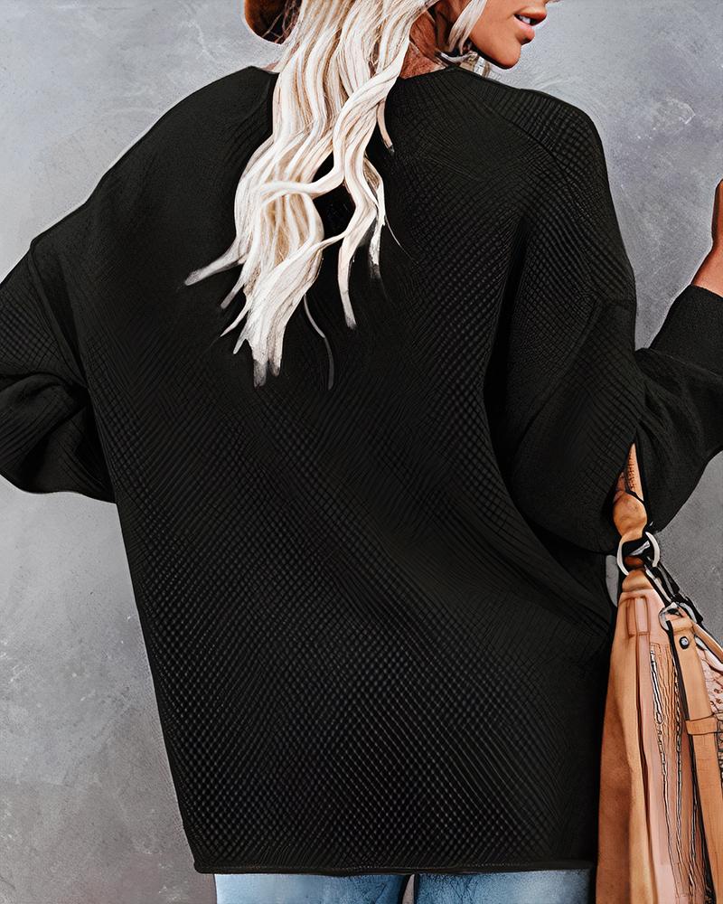 Solid Waffle Knit Topstitching Split Hem Button Detail Sweater-Pinkami