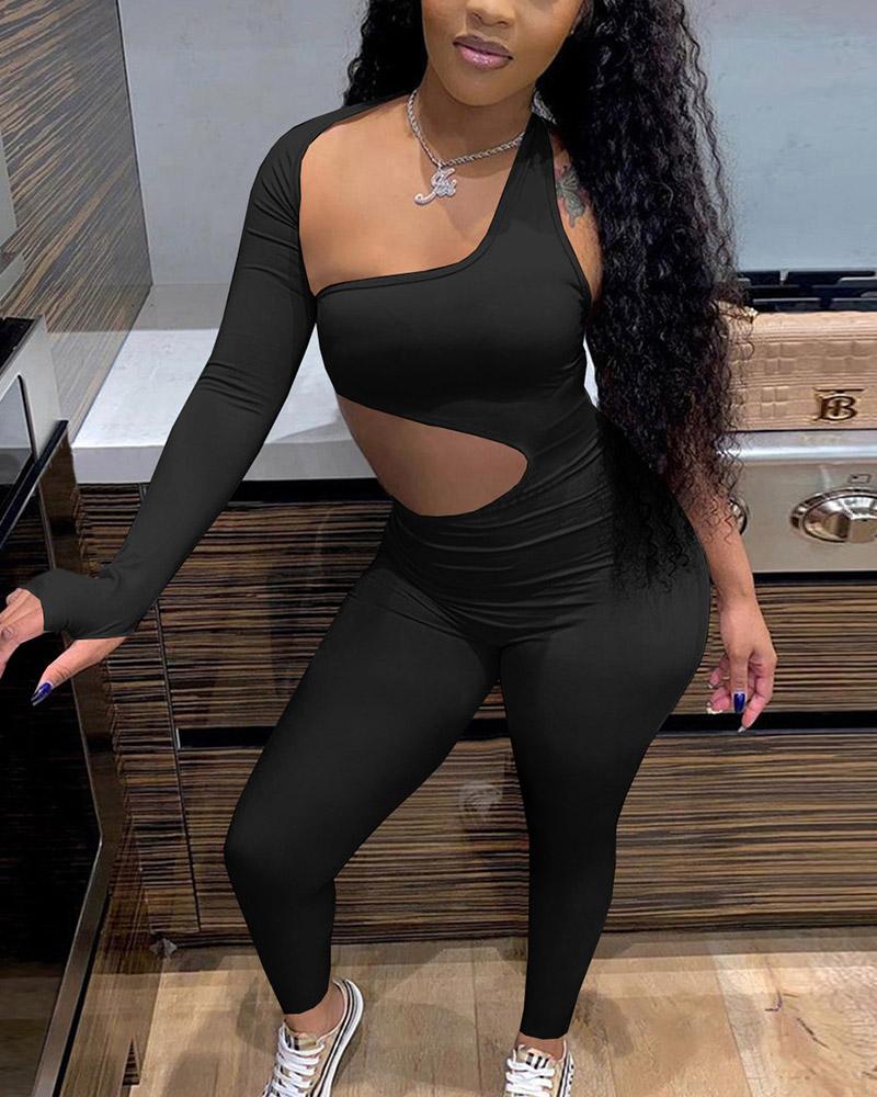 Solid Cut Out Asymmetrical Neck Form Fitting Casual Jumpsuit