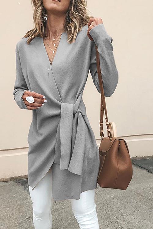 V Neck Belt Plain Cardigan-Pinkami