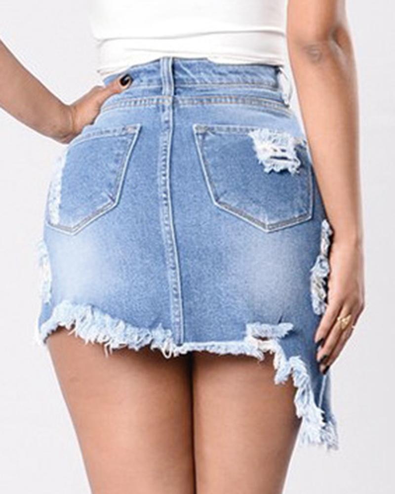 Women Ripped Raw Edge Asymmetrical Hem Denim Skirt-Pinkami